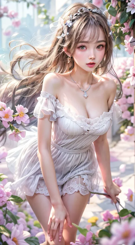 (enchanced quality：1.4),Top quality true texture skin), Delicate face, Masterpiece, Best quality,1girll,milf,:D,sexy pose,huge breasts,The girl lifted her skirt，Walk barefoot through the flowers,White and tender skin, kawaii,Solo,(clear,see through:1.3), o...