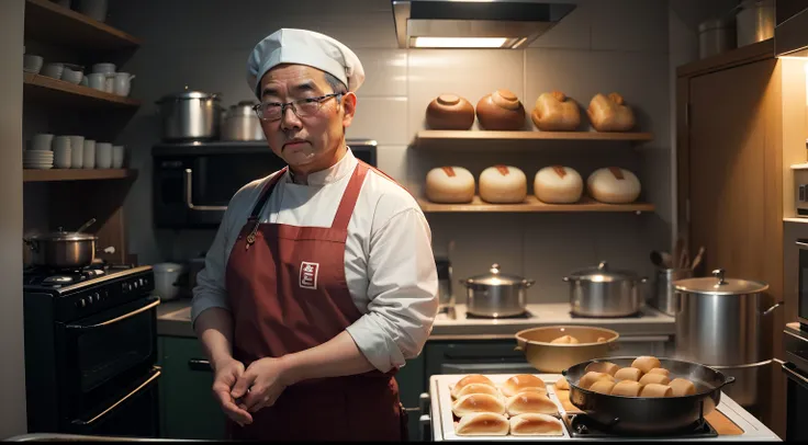 Mantou shop owner, Stand next to the stove in the kitchen