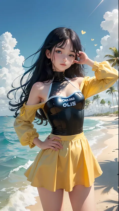 art by Cornflower, dreamy, (A beautiful, teenaged, anime-style girl with blue eyes and long, black hair, wearing a pale yellow, shiny, long-sleeved, open-chest, long skirt swimming suit with a pink, white, and yellow, heart on it is posing with her hands o...