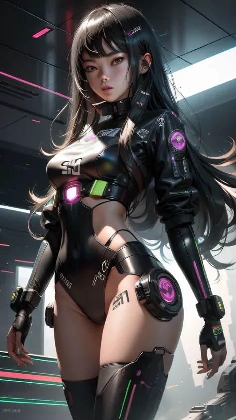 cybernized girl with cyberpunk prosthetics in single underpants, long hair, Spaceship inside, futuristic style, Sci-fi, hyper detailed, laser in center, laser from the sky, energy clots, photorealism, hyper realism, acceleration, light flash, speed, painti...