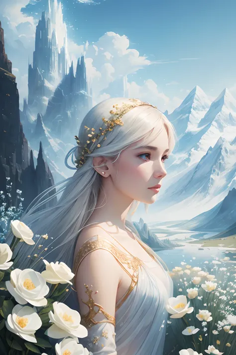 landscape, pretty visuals, alabaster skin, barely visible pale woman, sparkling , enchanted, delicate paint, mountain, great vibe, blue shy, watercolor, white flowers, marble, gold paint, highly detailed, digital painting, smooth, sharp focus, gtgraphics, ...