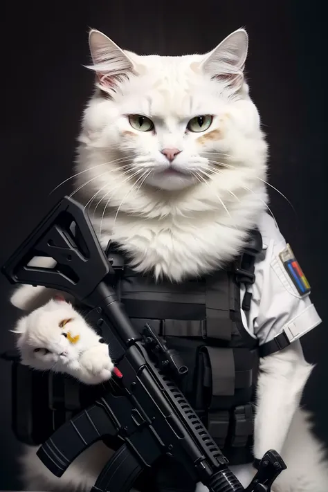 masterpiece,best quality,ultra-detailed,photorealistic,realistic,photography,black_background,handheld weapons,assault rifle,cat...