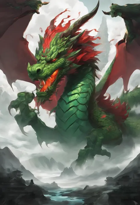 China-style，Chinese mythology，Green Dragon，tosen，Ferocious，gargantuan，The eyes glow red，Glow effects，surrounded by cloud，中景 the scene is，Full body like， highly detailed surreal vfx，oc rendered， - AR 16:9 --q 2 --s 1000