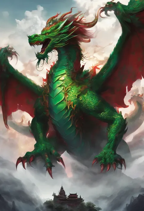 China-style，Chinese mythology，Green Dragon，tosen，Ferocious，gargantuan，The eyes glow red，Glow effects，surrounded by cloud，中景 the scene is，Full body like， highly detailed surreal vfx，oc rendered， - AR 16:9 --q 2 --s 1000