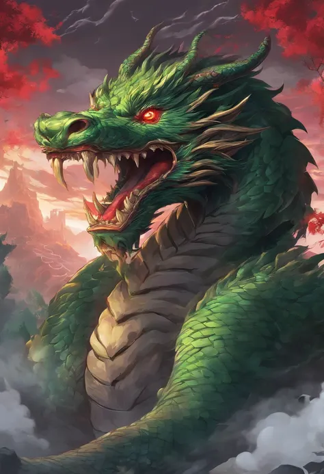 China-style，Chinese mythology，Green Dragon，tosen，Ferocious，gargantuan，The eyes glow red，Glow effects，surrounded by cloud，中景 the scene is，Full body like， highly detailed surreal vfx，oc rendered， - AR 16:9 --q 2 --s 1000