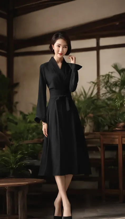 A Japanese Lady, (masutepiece, Beautiful person), Slim waist, Slim body.top-quality、8k、​masterpiece:1.3))、1girl in、a smile、full bodyesbian、Slim Faces、Pretty women、(dark brown  hair)、Black long sleeve long dress:1.1、hyperdetailed face、A detailed eye、二重まぶた、b...