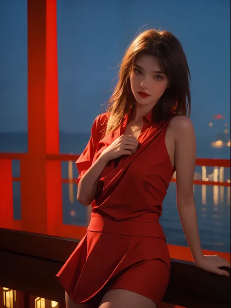 Sexy slavic princess with big boobs ,big chest ,short red cloths and short skirt,balcony background,sea of night sea,night background with lots of lights and stars