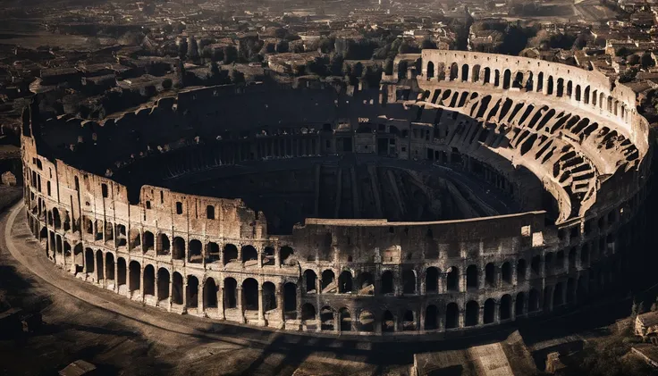 : An aerial view of the majestic Roman Colosseum bathed in sunlight.