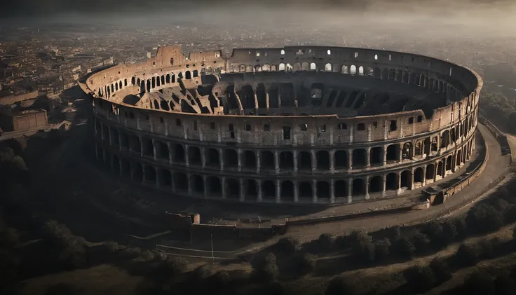 : An aerial view of the majestic Roman Colosseum bathed in sunlight.