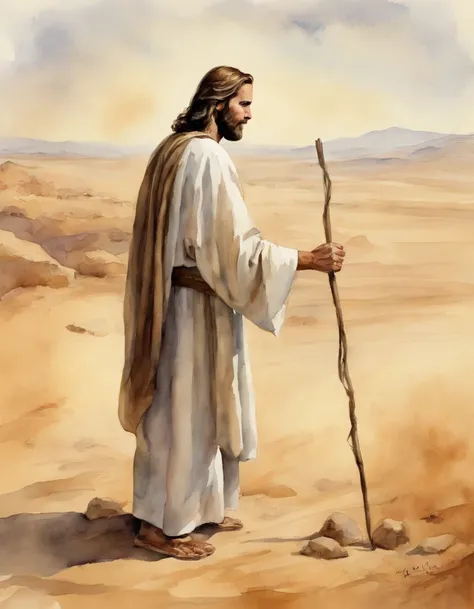 Jesus held a rod in his hand, walking in a desert, 8K, ::n Do not want the image to be wrong, Dont have more than 5 fingers either, There are no more hands either ,Nor writing, There is also no signature.