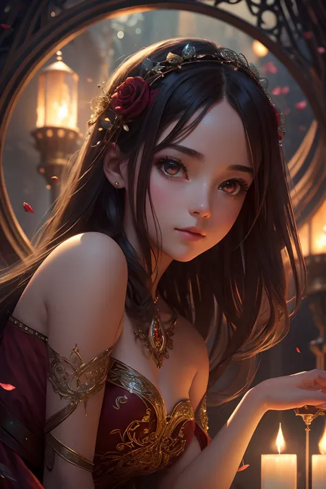 masterpiece, luminism, cinematic, cute close up girl, oil painting, heavy strokes, paint dripping Symphony Crimson strands dance with rose petals With airy ease and a celestial aura, A vision in hues, a canvas of art A portrait of elegance, a symphony of h...