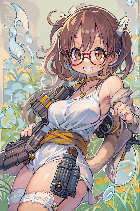 masutepiece, Best Quality, 1girl in, Sharp eyes, Smile,rocket launcher、big round glasses,Camisole、Jagged teeth