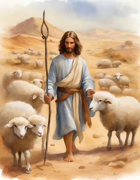 The cartoon version of the lovely 4-year-old Jesus holds a rod in his hand, walking in a desert,Lead 9 cute sheep behind the 8K one, ::n Dont want the image to be wrong, Do not have more than 5 fingers either, There are no more hands left ,Nor writing, The...