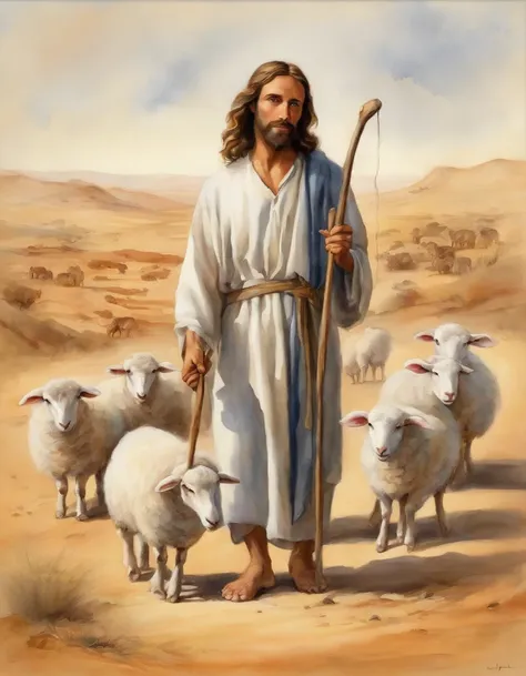 The cartoon version of the lovely 4-year-old Jesus holds a rod in his hand, walking in a desert,Lead 9 cute sheep behind the 8K one, ::n Dont want the image to be wrong, Do not have more than 5 fingers either, There are no more hands left ,Nor writing, The...