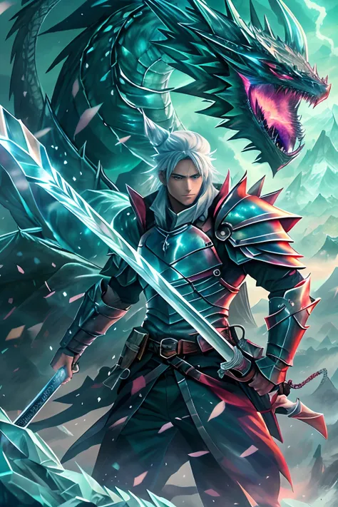 anime big breast, The man who rides the dragon，Holding a sword in hand, Epic fantasy digital art style, Dragon rider, ice lord, fractal thunder dan mumford, Epic fantasy art style, sliver ice color reflected armor, Dragon Knight, Epic fantasy art style HD,...