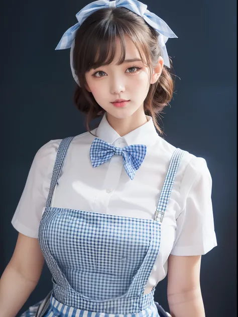 (Gingham Check Suspender Apron:1.3), (Solid blue high-waisted skirt:1.3), (Apron over skirt:1.2), (White blouse:1.3), (double-breasted,Underbust:1.2), Short sleeves, buttonGap, (Solid blue bow tie:1.2),