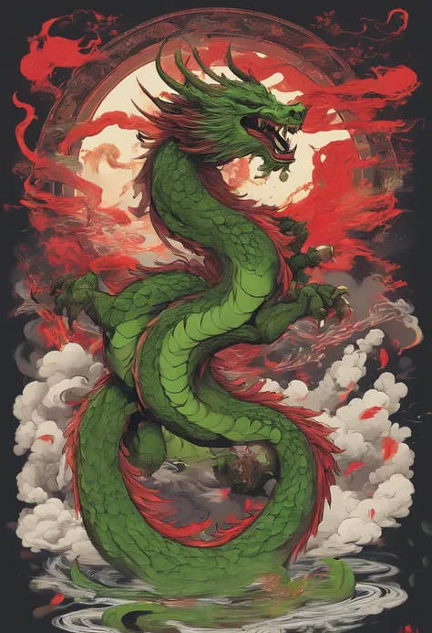 China-style，Chinese mythology，Green Dragon，Long dragon whiskers，tosen，Ferocious，gargantuan，The eyes glow red，Glow effects，surrounded by cloud，中景 the scene is，Full body like， highly detailed surreal vfx，oc rendered， - AR 16:9 --q 2 --s 1000