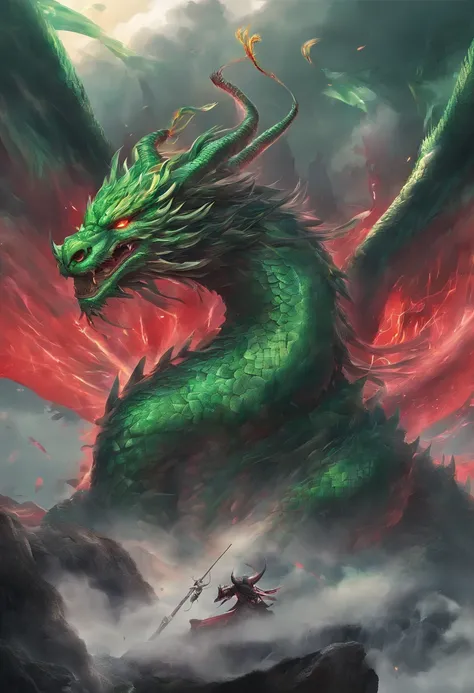 China-style，Chinese mythology，Green Dragon，Long dragon whiskers，tosen，Ferocious，gargantuan，The eyes glow red，Glow effects，surrounded by cloud，中景 the scene is，Full body like， highly detailed surreal vfx，oc rendered， - AR 16:9 --q 2 --s 1000