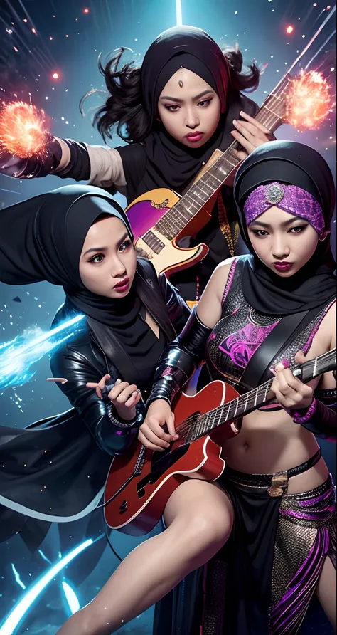 Create an electrifying album cover that places the three Malay girl in hijab as a rock band artists as musical sorceresses, conjuring explosive pyrotechnics and colorful spells in a magical arena.