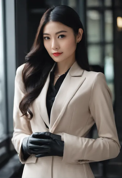 Business Suit　Black leather gloves　long boots　Face-to-face　Young japanese lady　Report on your smartphone　The upper part of the body　Black leather gloves cover both hands　Black Hair Ponytail