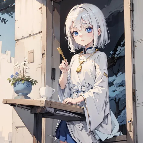 Young blonde anime, Body-beautifying, Dark blue eyes, White clothes with blue details, on spaceship, Pair it with a gold-tone necklace，one-girl，Loli,elementary student，独奏, (with short white hair:1.2),