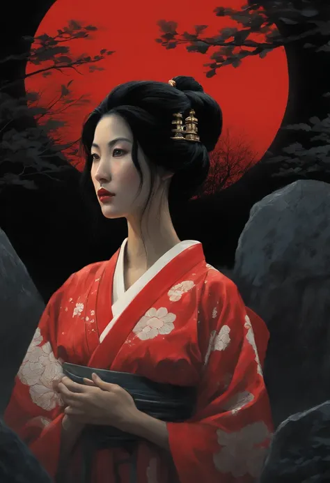 ancient japan, night time ,dark forest, close up of a young woman in red kimono stood her black hair framed a face etched with curiosity. The moons silver light reflected in her wide dark eyes as she turned toward the stone well, horror movie scene,  cinem...