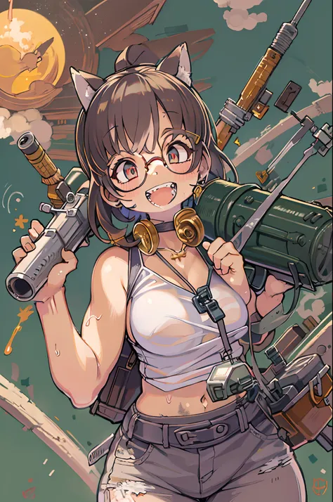 masutepiece, Best Quality, 1girl in, Sharp eyes, Smile,rocket launcher、big round glasses,Camisole、Jagged teeth