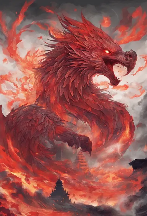 China-style，Chinese mythology，firebird，tosen，Ferocious，gargantuan，The eyes glow red，Covered in flames，surrounded by cloud，中景 the scene is，Full body like， highly detailed surreal vfx，oc rendered， - AR 16:9 --q 2 --s 1000