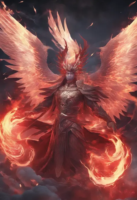 China-style，Chinese mythology，firebird，tosen，Ferocious，gargantuan，The eyes glow red，Covered in flames，surrounded by cloud，中景 the scene is，Full body like， highly detailed surreal vfx，oc rendered， - AR 16:9 --q 2 --s 1000