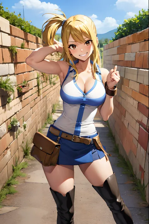 (masterpiece, best quality:1.2), solo, 1girl, lucy heartfilia, grin, looking at viewer, arms behind back, blue sleeveless shirt, miniskirt, belt pouch, thigh boots