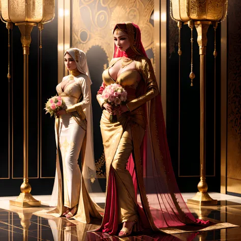 brides in traditional wedding attire standing in a hall with gold accents, bride, white and gold priestess robes, moroccan queens ny, inspired by Osman Hamdi Bey, gold and white robes, draped in gold, orientalisme, wearing jedi robes and a sari, draped in ...