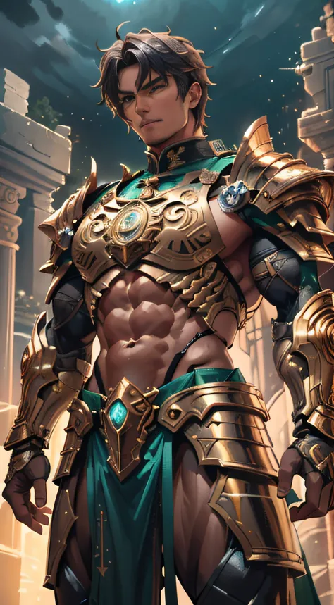 MALE BOY. Use plate armor, intricate design and details, dramatic ligths, Ultra-realistic realism, Kinematic,8k. A handsome muscular young man, (1 man) of Mexican facial features (Mexican Ethnicity) Jet black hair, and green eyes; perfectly proportioned bo...