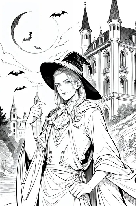 Obra maestra, superlativo, young vampire male very masculine, solamente, Halloween , castle fondo blanco, monocromo, line drawing, ((bosquejo)), spooky, spooky Halloween , white eyes,