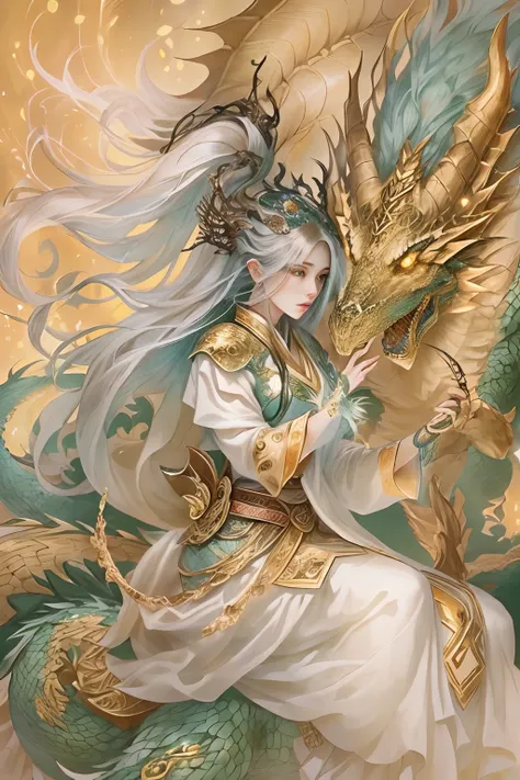 Riding monsters，1girll，,anatomy correct,long whitr hair，dragon monsters，female focus，sitted，Oriental elements，Ink painting style, Clean colors,Golden space, Soft lighting, ( Bokeh)，Masterpiece, Super detailed, Epic composition, Highest quality, 16K，