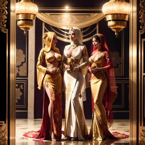 three women in costumes are standing in a room with a chandelier, white and gold priestess robes, moroccan queens ny, inspired by Osman Hamdi Bey, art nouveau octane render, elegant glamourous cosplay, arabian nights inspired, harem, exotic costumes, in a ...