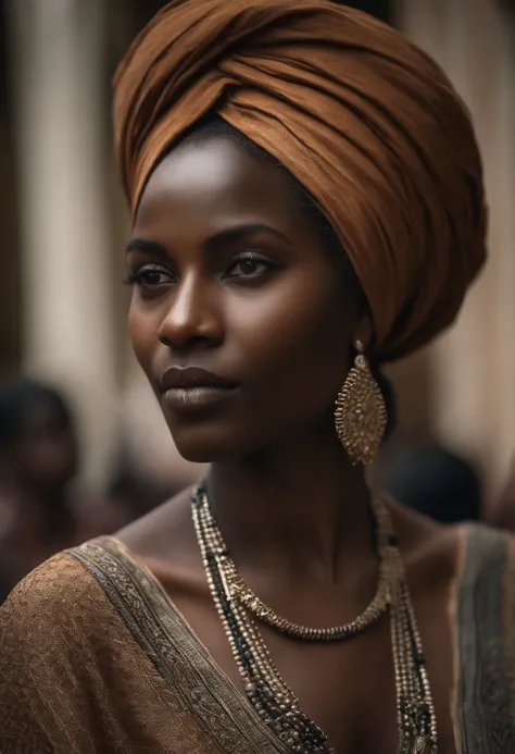 close-up of arab black African Hausa WOMAN of ancient times, very realistic , cheveux noirs avec turban, Texture naturelle de la peau, 24 mm, Textures 4k, soft cinematic light, Photo brute, photorealism, photoreallistic, complexe, elegant, highly detailed,...