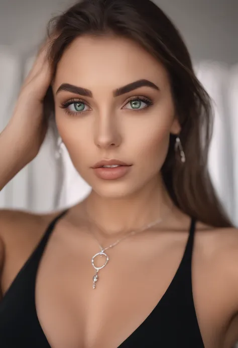 arafed woman with large breasts and a white tank top and a necklace, sexy girl with green eyes, portrait sophie mudd, brown hair and large eyes, selfie of a young woman, bedroom eyes, violet myers, without makeup, natural makeup, looking directly at the ca...