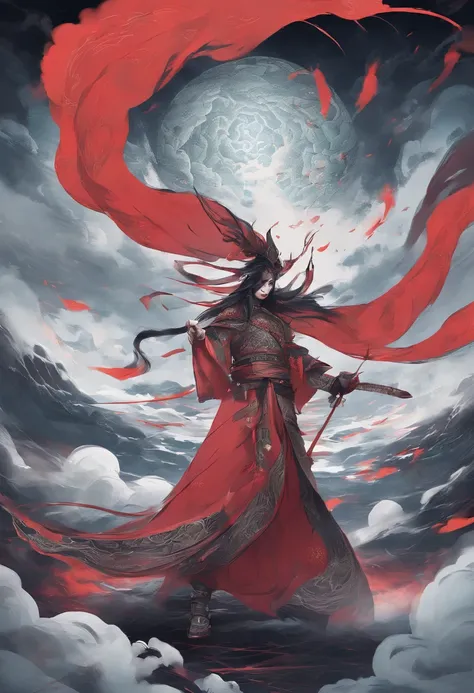 China-style，Chinese mythology，Xuanwu，tosen，Ferocious，gargantuan，The eyes glow red，Huge waves，surrounded by cloud，中景 the scene is，Full body like， highly detailed surreal vfx，oc rendered， - AR 16:9 --q 2 --s 1000