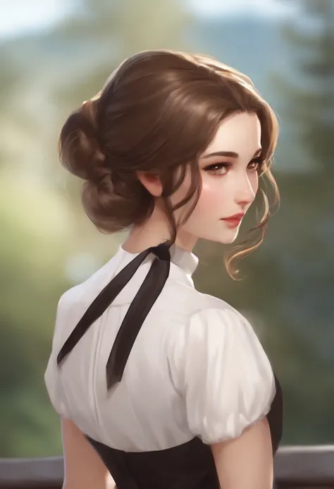 1 girl, Jogo CG, camisa preta sem mangas, saia de fenda curta, neck ribbon, Pulseiras, seios gigantescos, cabelos prateados, short hair, french braid, olhos amarelos, from behind, Standing, sorridente, boca aberta,