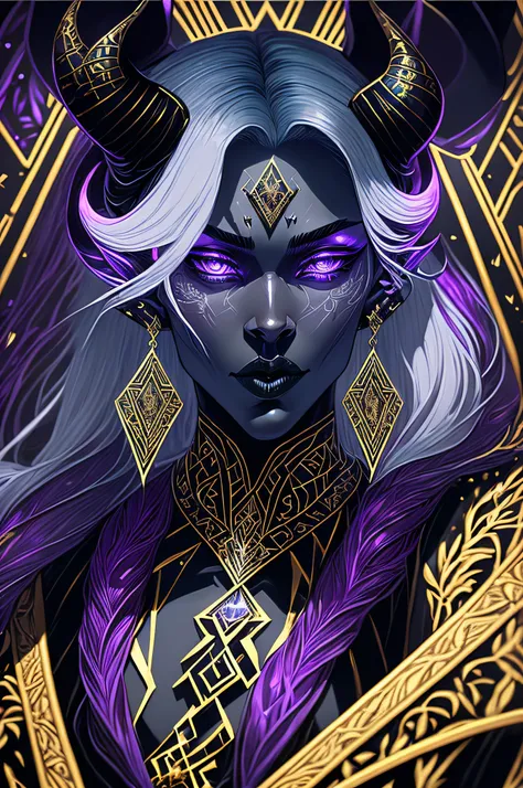 A tarot512 (masterpiece, 4k, ultra detailed, raw photo:1.2), illustration, (Art Deco:1.2), (minimalism:1.2), (CCDDA Artstyle:1.0), (bluish black skin:1.2), (dark skin:1.1), (beautiful face:1.0), amethyst polished gemstone, refraction, black glass, reflecti...