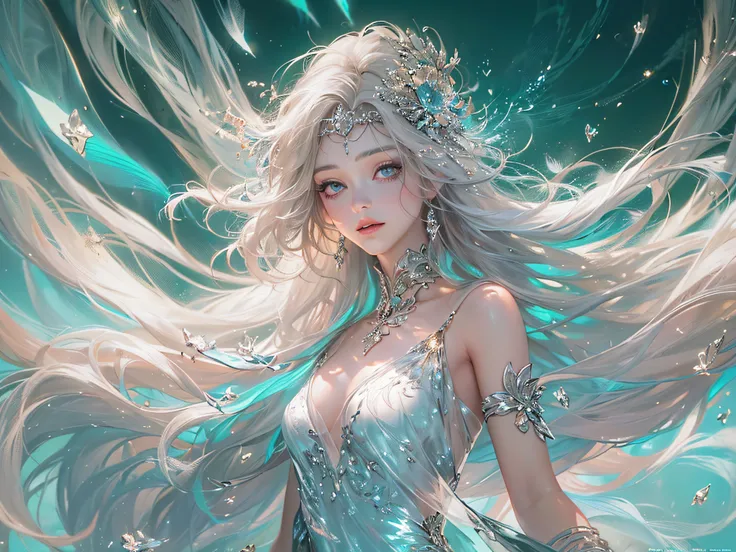 (a venus wearing a see-through silk toga:1.2),(back view, Aurora Background, floating colorful sparkles, falling white feathers, wind blowing through, flowing hair, blue tone:1.1), shiny skin ,ultra-detailed face, detailed eyes, lustrous lips , (upper body...