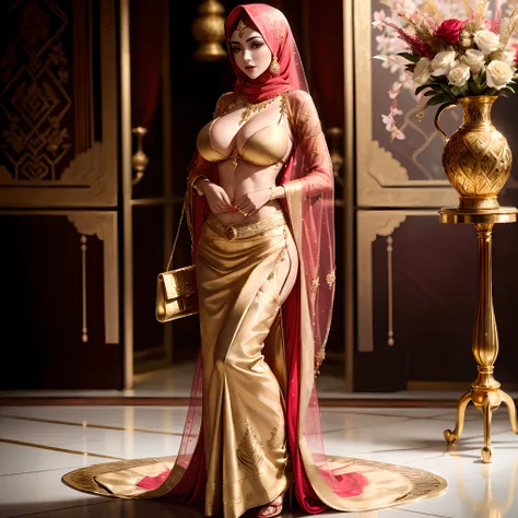 araffe woman in a gold dress and red veil posing for a picture, arabian princess, arabian beauty, she is dressed as a belly dancer, draped in silky gold, elegant glamourous cosplay, arab princess, persian princess, persian queen, orientalisme, beautiful or...