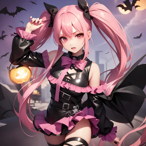 Leader of Runaway Bad Girl, Halloween Costume, a cool、a miniskirt, Long hair with pink twin tails, Looking at the viewer, Front view,Halloween Costumes