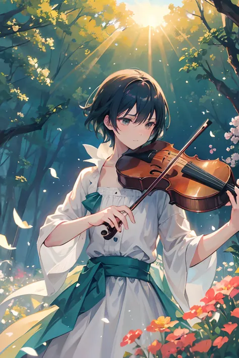 Create exquisite illustrations reminiscent of Makoto Shinkais style, It has ultra-fine details and top-notch quality. Create an illustration featuring a young man playing the violin atop a gentle hill, with a piano adorned with a bouquet of flowers nearby....