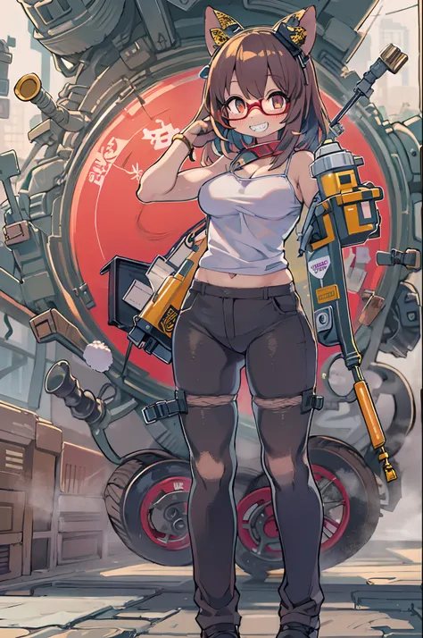 masutepiece, Best Quality, 1girl in, Sharp eyes, Smile,rocket launcher、big round glasses,Camisole、(((Jagged teeth)))