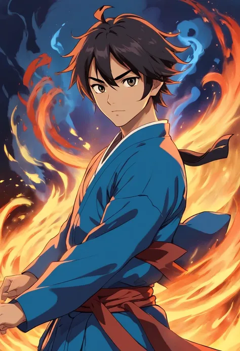 Anime do Studio Ghibli, melhor qualidade, anime, 1st grade, Ryu, Fire Nation Clothing, Ryu (Sopro de Fogo), masculino, universo (avatar the last airbender), sozinho, cabelo pretos, fogo em volta do corpo, Chamas azuis intensas, chamas azuis pelo corpo, fog...