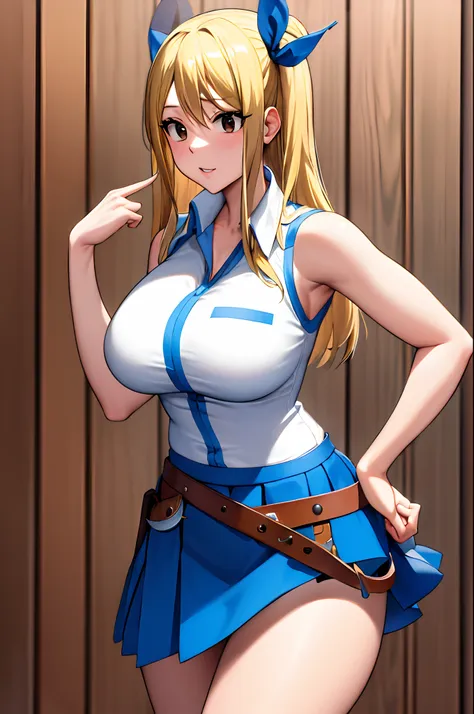 masterpiece, best quality, highres, lucy heartfilia, blonde hair, long hair, large breasts, white shirt, sleeveless, belt, blue ...