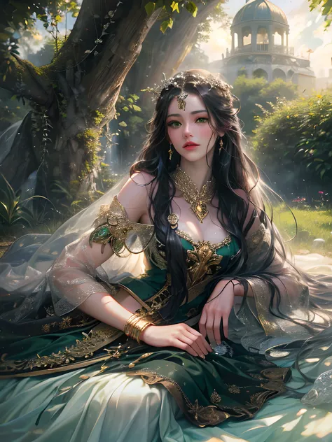 (absurdres, highres, ultra detailed, HDR), masterpiece, best quality, a ((mature)) heroine, detailed face, beautiful face with decorative detailed (long black straight hair) (green eyes), green details , laying on a white picnic mat with curtains in celest...