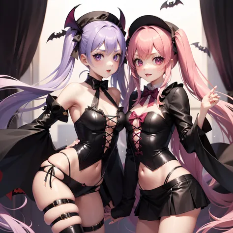 Halloween Costume, vampire、a cool、a miniskirt, long hair with pink twin tails,, Looking at the viewer, Front view,Halloween Vampire Costumes、the bats