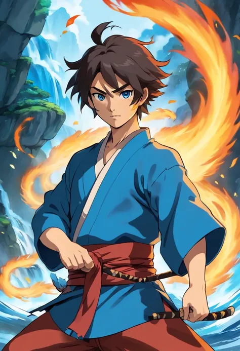 Anime do Studio Ghibli, melhor qualidade, anime, 1st grade, Ryu, Fire Nation Clothing, Ryu (Sopro de Fogo), masculino, universo (avatar the last airbender), sozinho, cabelo pretos, fogo em volta do corpo, Chamas azuis intensas, chamas azuis pelo corpo, fog...